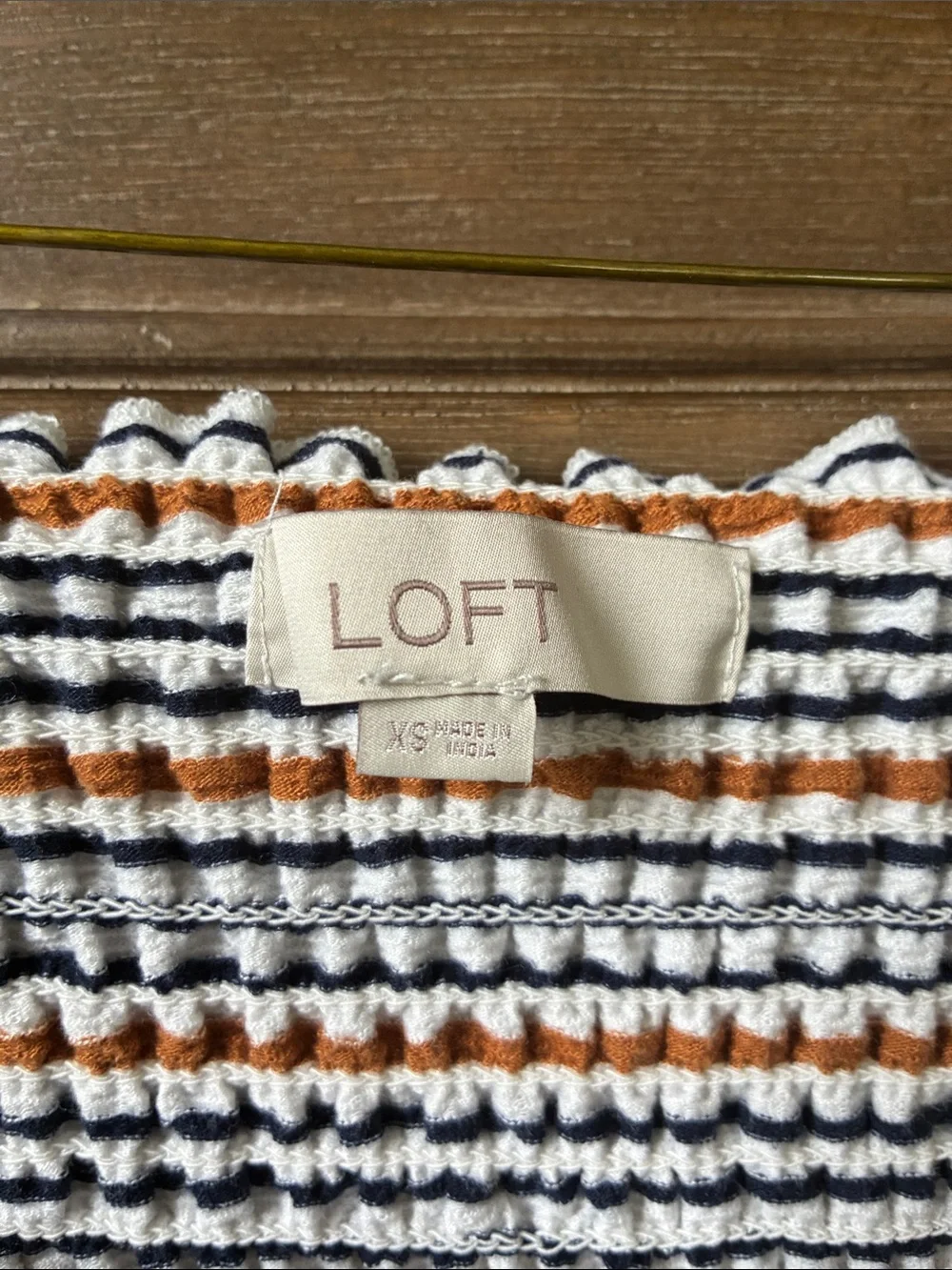 LOFT Striped Smocked Peasant Top in White, Orange & Black